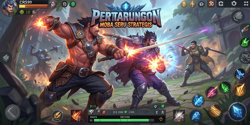 Tangkapan layar gameplay <strong>CRS99</strong> yang menunjukkan pertarungan taktis dalam arena MOBA.