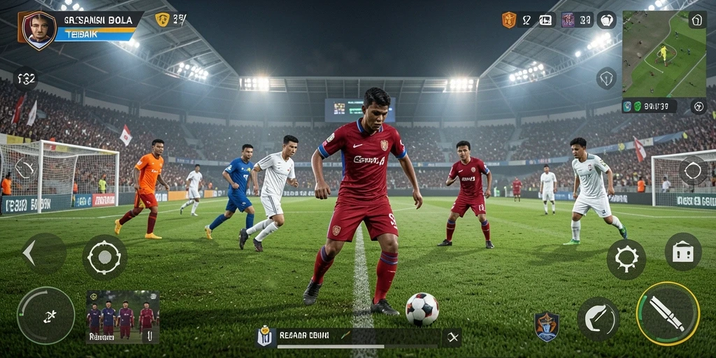 Screenshot utama F32 menampilkan pertandingan sepak bola yang seru.