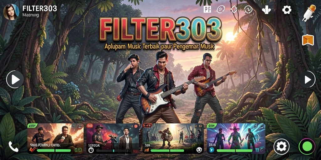 Screenshot utama menunjukkan gameplay interaktif FILTER303 dengan tampilan musik yang menarik.