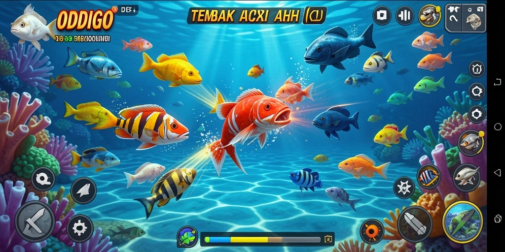 Tampilan gameplay ODDIGO dengan aksi menembak ikan yang mendebarkan.